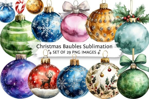 Christmas Baubles Sublimation Clipart for Modern Illustrations