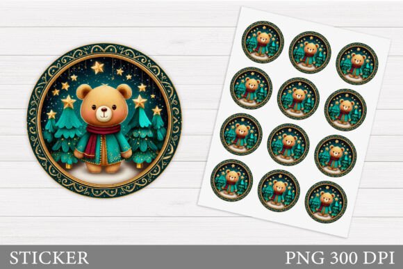 Christmas Bear Sticker. Winter Sticker Review for Illustrations