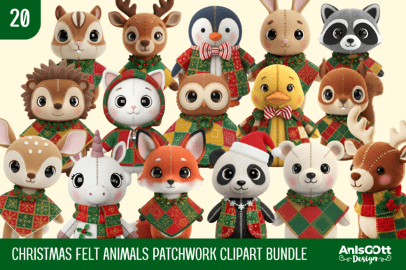 Christmas Felt Animals Patchwork Clipart for Illustrations