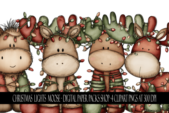 Christmas Lights Moose Clipart for Illustrations and Blog Graphics