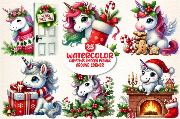 Christmas Unicorn Peeking Around Corner