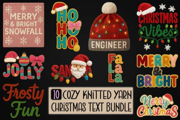 Cozy Knitted Yarn Christmas Text Bundle Illustrations