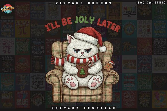 Grumpy Christmas Cat on Cozy Chair PNG
