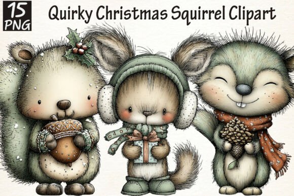 Quirky Christmas Squirrel Clipart for Modern Illustrations