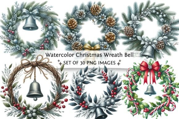 Watercolor Christmas Wreath Bell Clipart